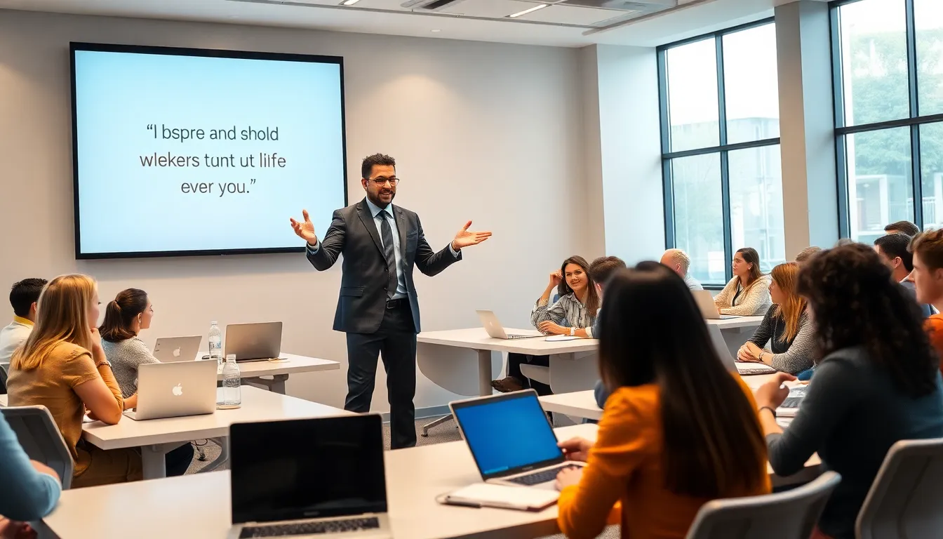 motivational speaker engaging an audience in a modern conference room.