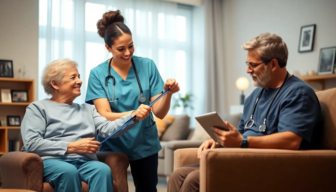 healthcare team providing home health care to an elderly patient.