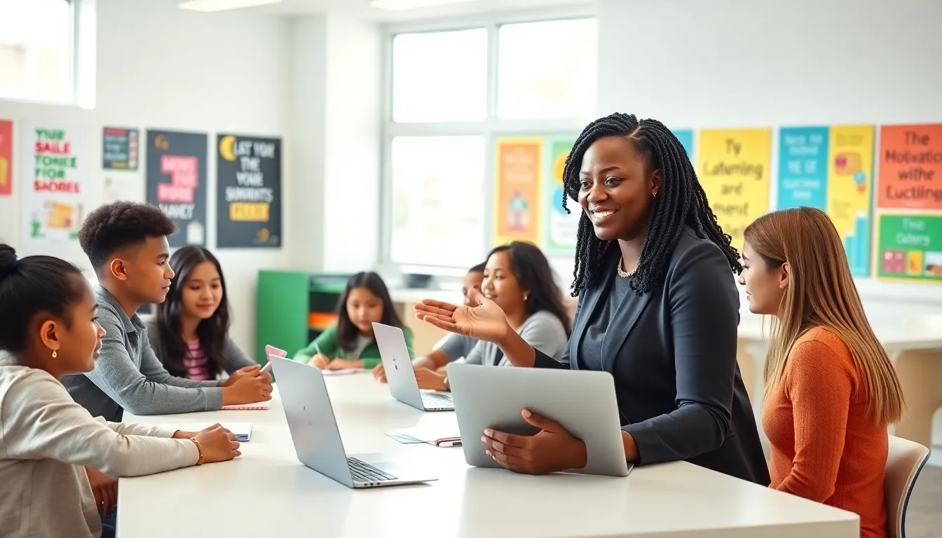 diverse students collaborating in a bright classroom with motivational quotes.