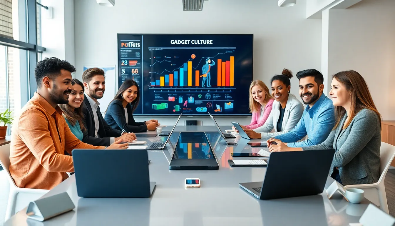 diverse professionals discussing the latest gadgets in a modern office.